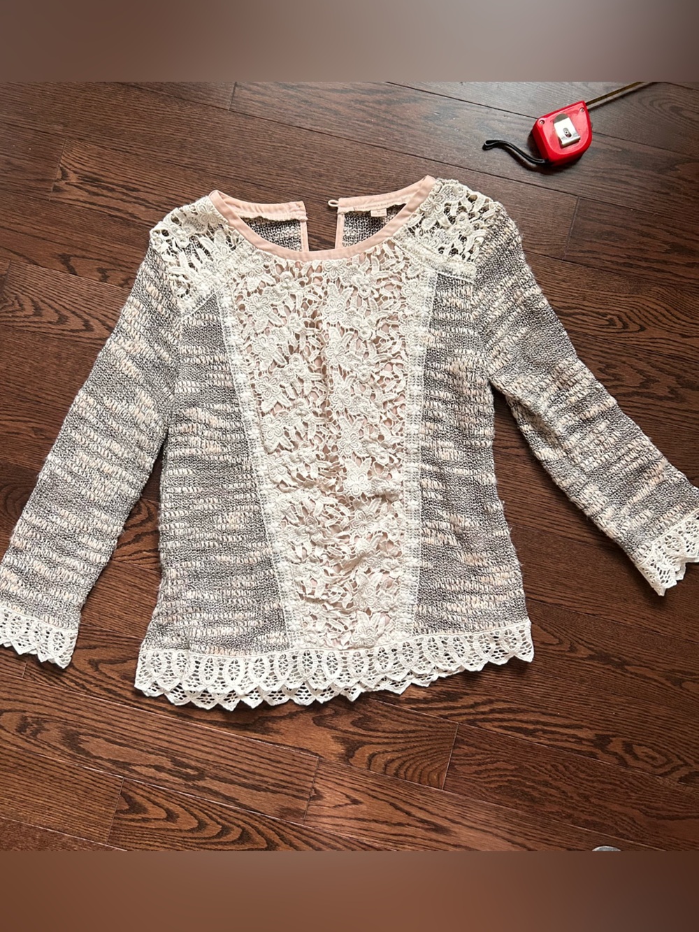 Lace-Panel Women's Sweater - Cream pink and Gray
